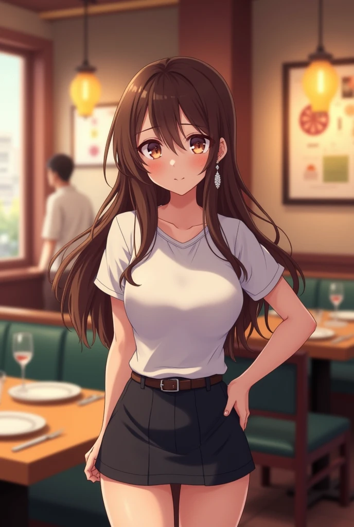 Japanese with long wavy brown hair、Large Breasts、White T-shirt、mini skirt、I am at a restaurant.、Medium build、Earrings、Create a cute office lady in anime style