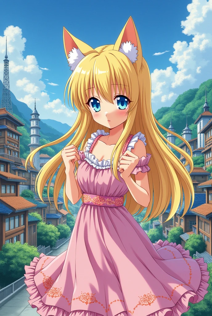 An illustration in the style of anime from the Heisei era、with long blonde hair and cat ears、The eyes are blue、ータ系 style.。