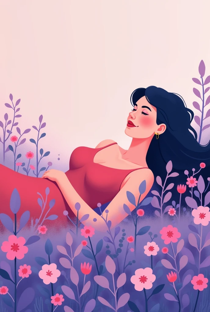 Colorful minimalist cartoon of a Woman lying on her side among purple and pink flowers