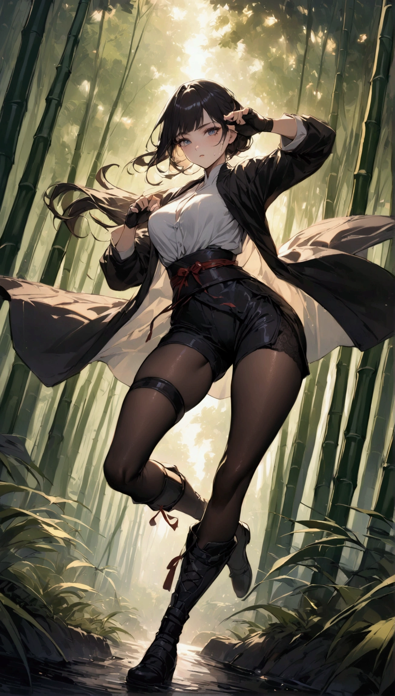 full body,dutch angle,{{masterpiece}}, {{{best quality}}},{{ultra-detailed}}, {{illustration}}(Beautiful and fine eyes)、female martial artist,　Elegant Fighting Pose,black shorts　,fingerless gloves,pelvic curtain,Black pantyhosens,martial arts belt,short boots,Lace-patterned arm cover,sweating　,in the middle of a bamboo grove