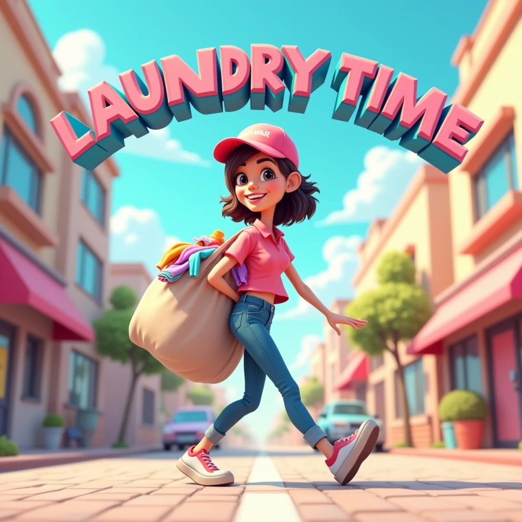 3D cartoon, HD, a woman as a laundry courier, wearing a pink shirt, carrying a laundry bag, the title says "LAUNDRY TIME KAK"