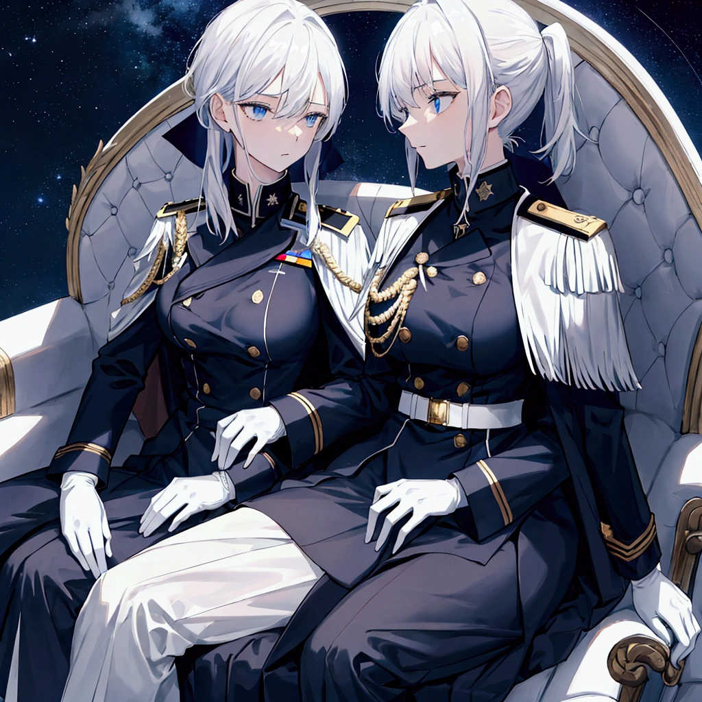 Night sky background, night time, Military uniform, dark blue uniform, white cape, white glove, 1woman, solo, white hair, high collar, tied hair, shining hair, medium-large breast, sitting on couch, facing viewer, arrogant,