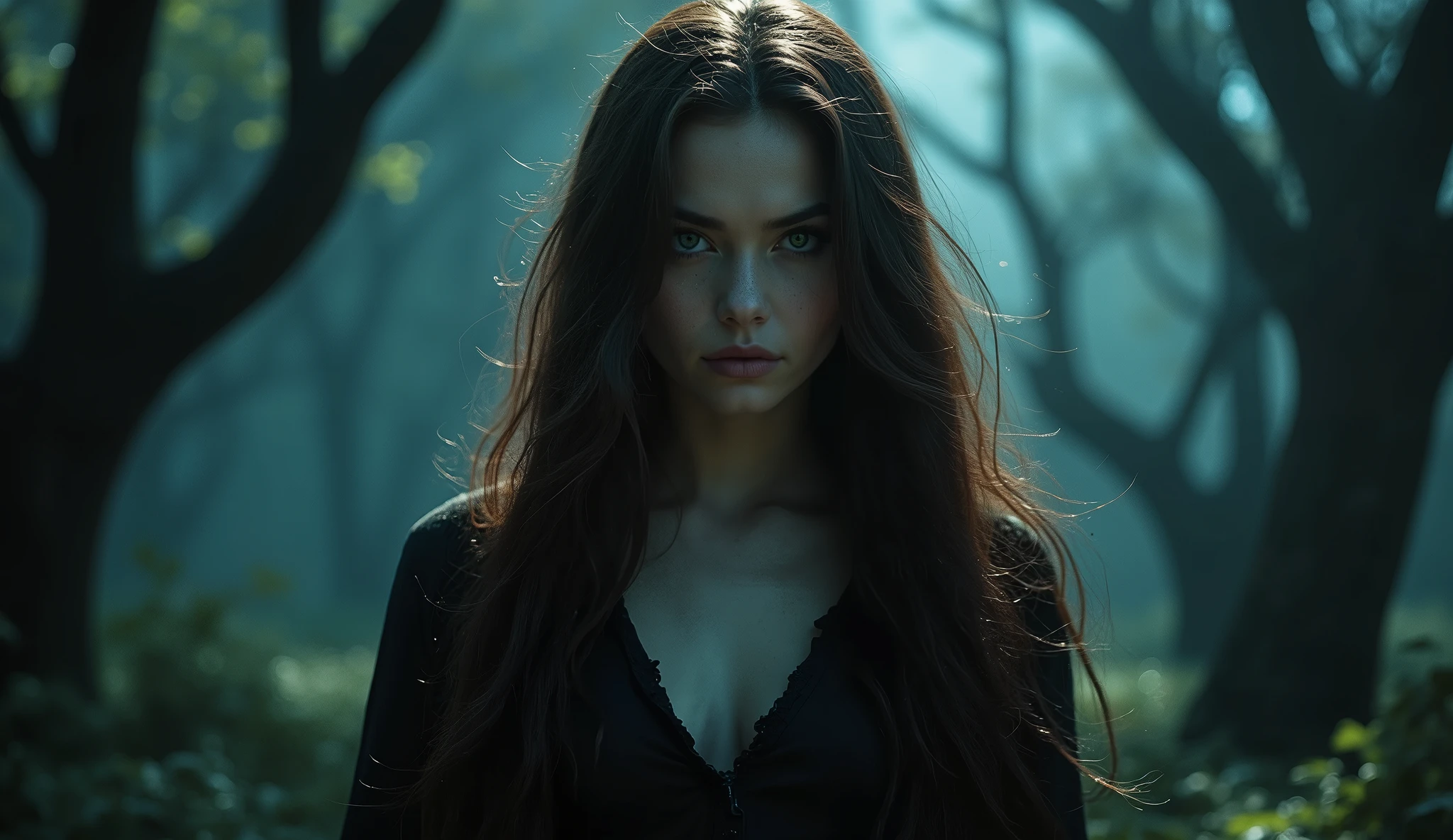 a beautiful young woman in a dark fantasy scene, incredibly detailed and photorealistic, 1girl, detailed face and eyes, long flowing hair, dramatic lighting, dark moody atmosphere, fantasy character, hyper realistic, trending on artstation, cinematic composition, intricate details, lush colors, dramatic lighting and shadows, masterpiece, best quality, 8k, ultra-detailed, realistic, photo-realistic, physically-based rendering, vivid colors, studio lighting
