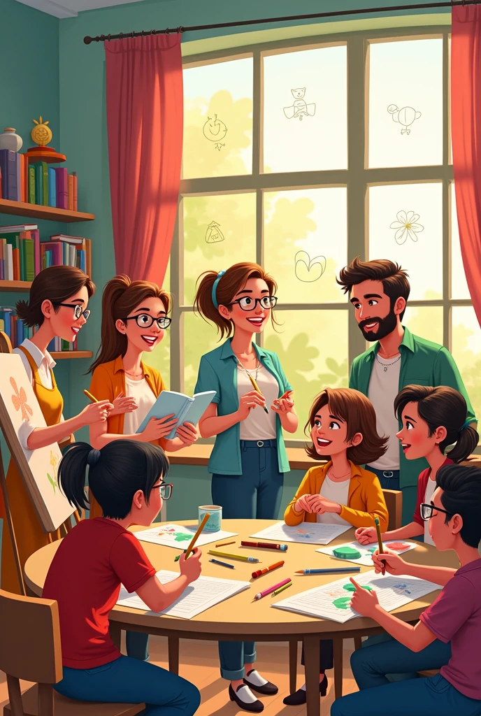 teamwork and collaboration between teachers, cartoon


