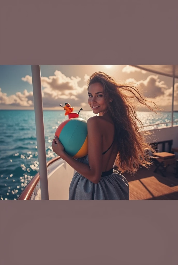 A woman resembling but naked on top of a yacht with a penis in her hand