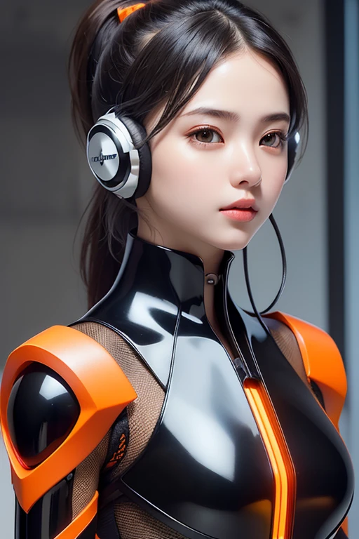 Top Quality, Masterpiece, Ultra High Resolution, (Photorealistic: 1.4), Raw Photo, 1 Girl, Black Hair, Glossy Skin, 1 Mechanical Girl, (((Ultra Realistic Details)), Portrait, Global Illumination, Shadows, Octane Rendering, 8K, Ultra Sharp, Intricate Ornaments Details, realistic skin, sweat effect, ((wearing Headphone)), very intricate detail, realistic light, CGSoation trend, brown eyes, glowing eyes, matte black and glossy orange mechanical bodysuit, Long hair, black hair, Ponytail hair, full body shot, spaceship bridge background, dynamic pose,