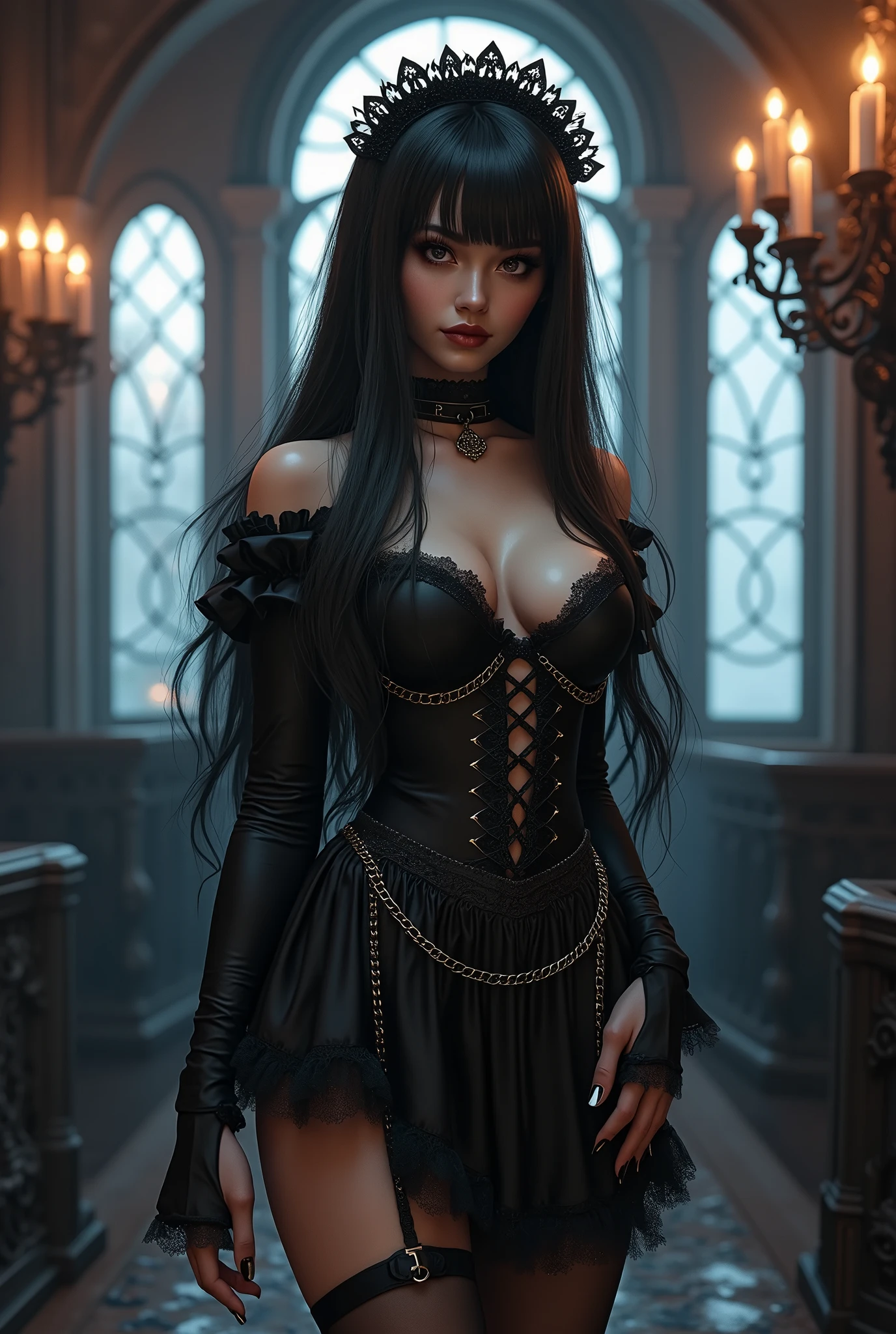 A mesmerizing 3D rendered portrait of a seductive, dark gothic-themed anime maid. Her long, black hair cascades down her shoulders, framing her enchanting face. She dons a provocative maid uniform, adorned with chains and lace, which accentuates her voluptuous figure and reveals her toned thighs. Set against the backdrop of a dimly lit, eerie mansion with gothic architecture and candlelit chandeliers, the scene exudes an enigmatic and captivating ambiance. The image evokes a cinematic quality, transporting viewers into a world of mystery and allure.