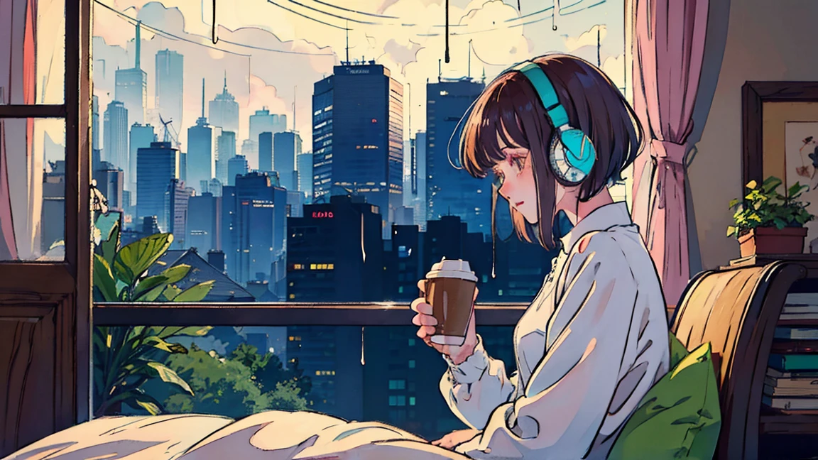 Lofi Song, sitting on the bed. looking at the window, having a coffee. listening to music on headphones, while looking out the window and seeing the rain falling
