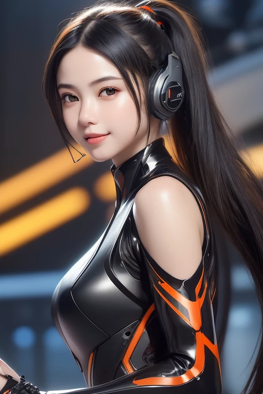 Top Quality, Masterpiece, Ultra High Resolution, (Photorealistic: 1.4), Raw Photo, 1 Girl, Black Hair, Glossy Skin, 1 Mechanical Girl, (((Ultra Realistic Details)), Portrait, Global Illumination, Shadows, Octane Rendering, 8K, Ultra Sharp, Intricate Ornaments Details, realistic skin, sweat effect, ((wearing Headphone)), very intricate detail, realistic light, CGSoation trend, brown eyes, glowing eyes, matte black and glossy orange mechanical bodysuit, Long hair, black hair, Ponytail hair, full body shot, spaceship bridge background, dynamic pose, cute smile, close up, Open Mouth, facing audience, playing electric guitar, in front of microphone,