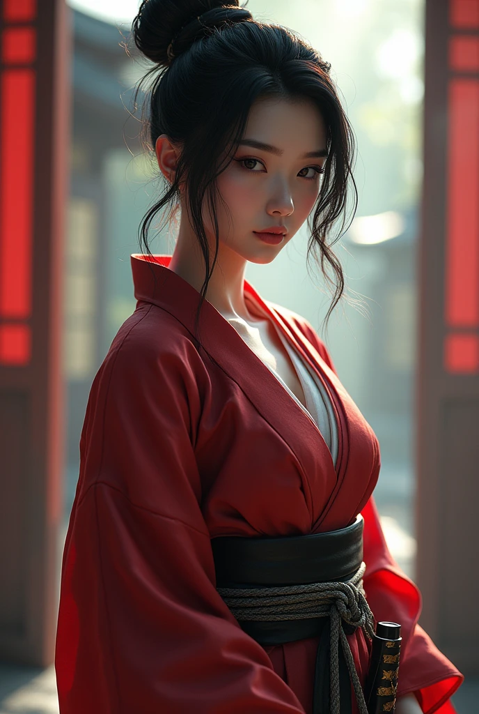Samurai girl, short black hair tied back, wearing Japanese kimono and hakama, two Japanese swords across her waist, ((masterpiece, highest quality, Highest image quality, High resolution, photorealistic, Raw photo, 8K)), ((Extremely detailed CG unified 8k wallpaper)), (huge stunning goddess shot, very hot and sexy, jaw-dropping beauty, perfect proportions, beautiful body, slim body beauty:1.4),
