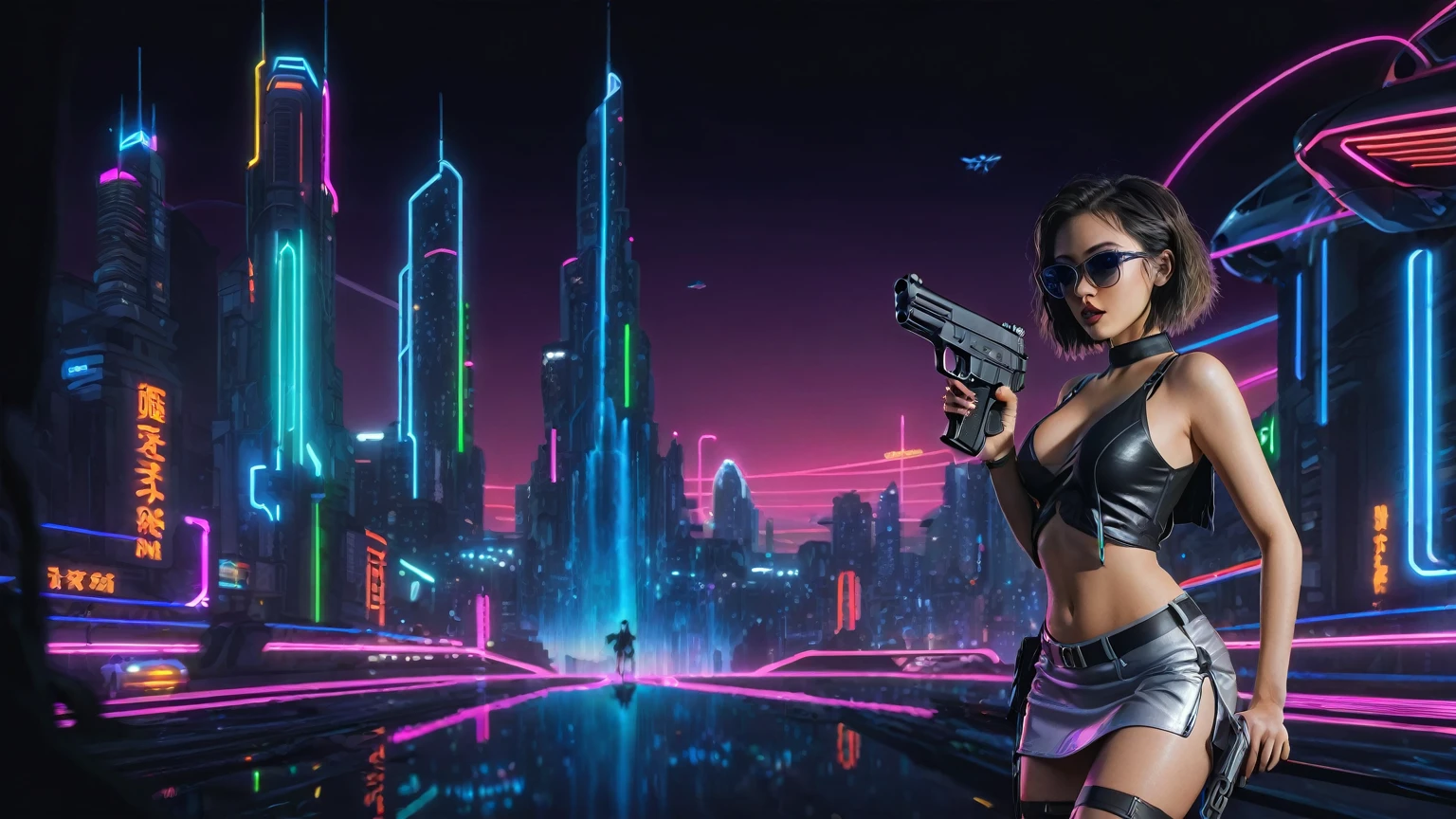 At night, simple outlined cyberpunk city, flying cars, neon waterfall, line art background. (1girl, solo), photo realistic, medium-breast:1.3 slim body, cleavage, sling top, miniskirt, black sunglasses, holding a short gun, half-body thigh level medium shot, cinematic lighting, ray tracing.