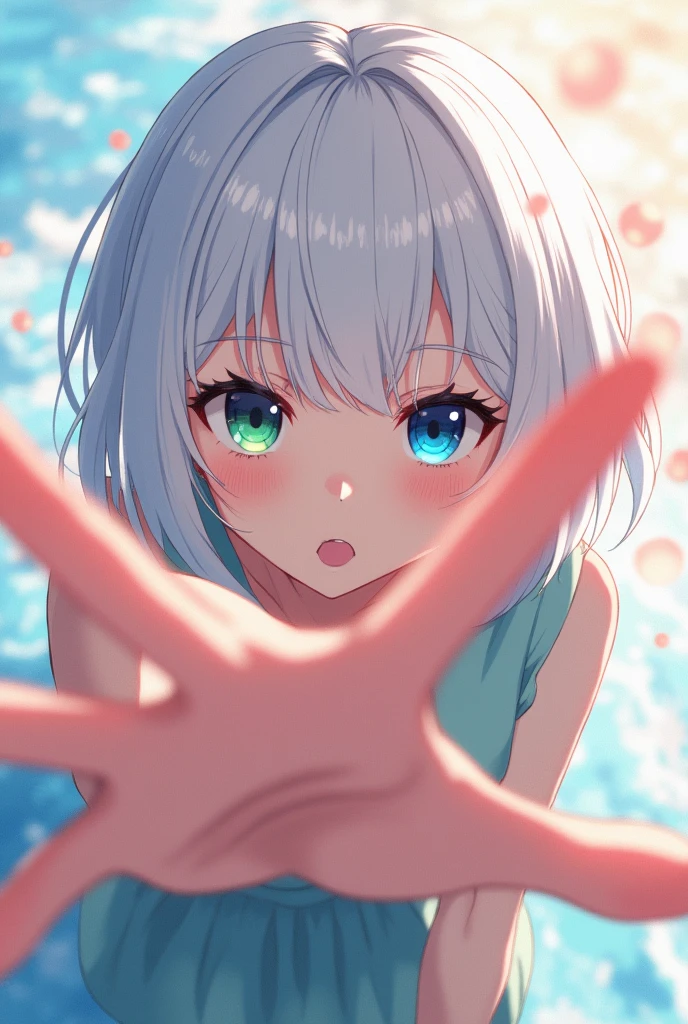 anime style, young adult woman, with the right eye blue and the left eye green, short white hair.
The woman is leaning forward, is leaning forward.
The perspective is making the hands and head look larger compared to the rest of the body.
The right hand (towards the viewer) is closer to the camera, with her fingers extended forward. The left hand is also extended, but a little further back