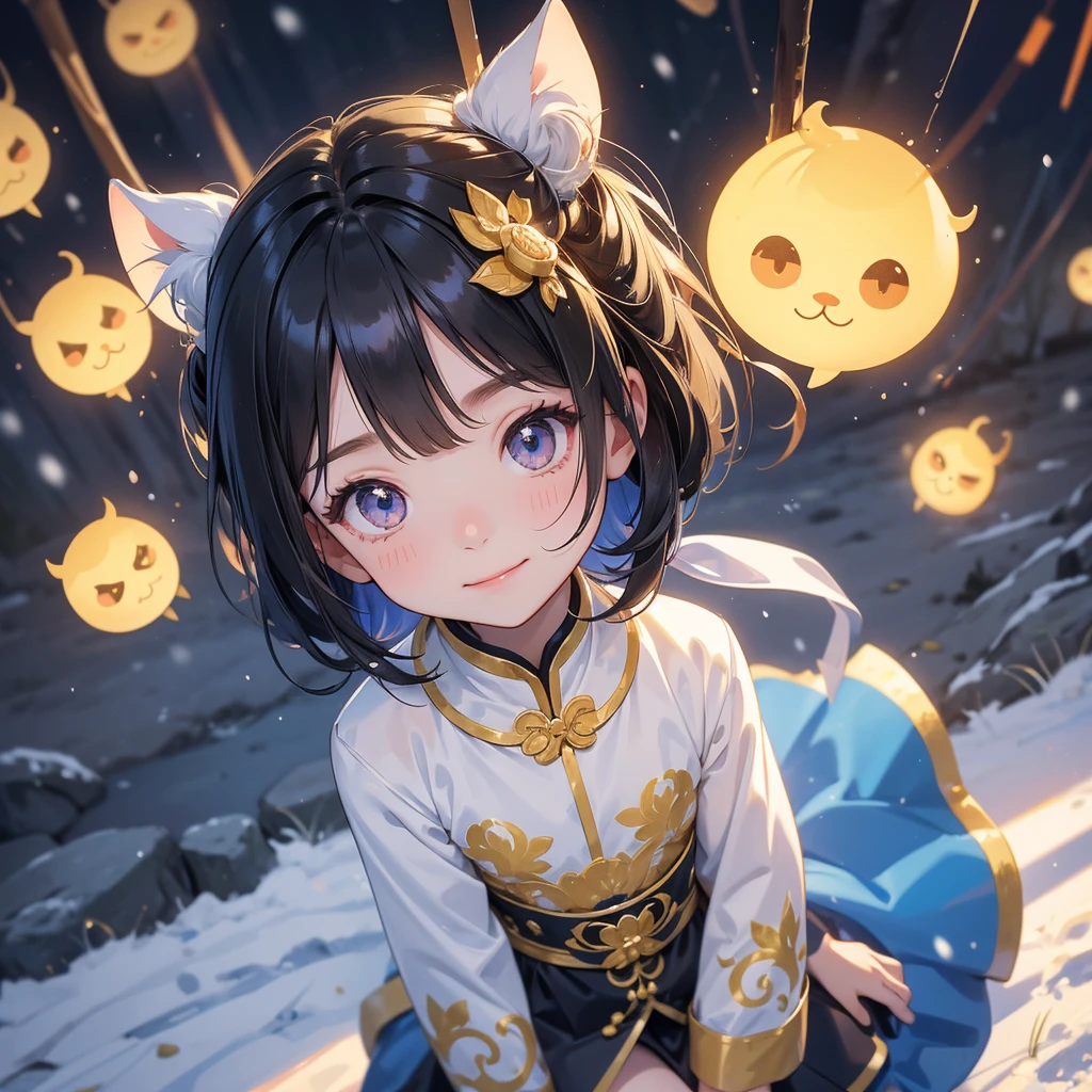 A chibi child girl had a small face and Wearing a blue little Taoist priest's outfit. A pair of big round eyes shone with curiosity about him. This child was so cute!, Burning joss paper and gold paper for the departed spirits in front of the house, raindrops are falling down, her hair is black with two buns on her hair.small chibi, chibi baby, smiling.

The little chibi baby looked up with his chest raised, and his face was old and proud.

Amidst the white snowy atmosphere, the snow is falling lightly, watching the snow fall one by one

 
