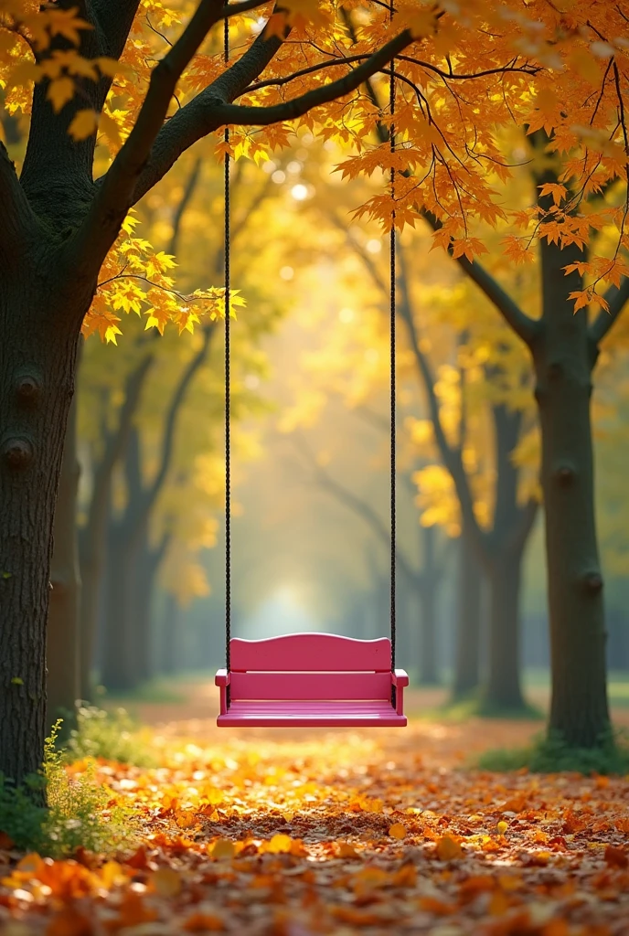 Image of a pink swing with a single rectangular seat with rounded edges. The swing is in the middle of a grove surrounded by various green and yellow leaves in autumn. 