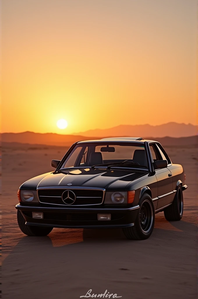 Black Mercedes Benz 124, Cyberpunk Desert, sunrise