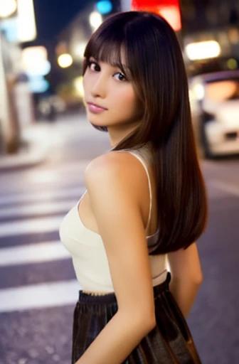 (((best quality))),1 female,slender face,(((arms behind))),(((cool beauty))),Black Hair,Brown Eyes,medium hair,straight hair,small breasts,looking at viewer,bed,25 years old,No pubic hair,Height: 160cm,(full body),blouse,Standing in a busy street at night,mini skirt,Provocative look,bangs