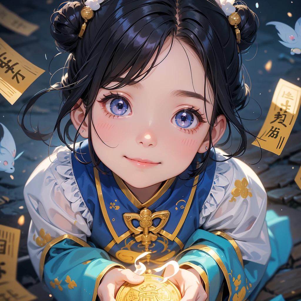 A chibi child girl had a small face and Wearing a blue little Taoist priest's outfit. A pair of big round eyes shone with curiosity about him. This child was so cute!, Burning joss paper and gold paper for the departed spirits in front of the house, raindrops are falling down, her hair is black with two buns on her hair.small chibi, chibi baby, smiling.
The little chibi baby looked up with his chest raised, and his face was old and proud.