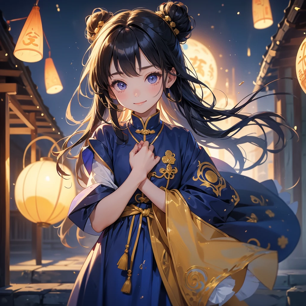 A chibi  girl had a small and Wearing a blue little Taoist priest's outfit. A pair of big round eyes shone with curiosity about him. This child was te!, Burning joss paper and gold paper for the departed spirits in front of the house, raindrops are falling down, her hair is black with two buns on her hair.small chibi, chibi baby, smiling.
 little chibi baby lup with his c raised, and his face was old and proud.
 
