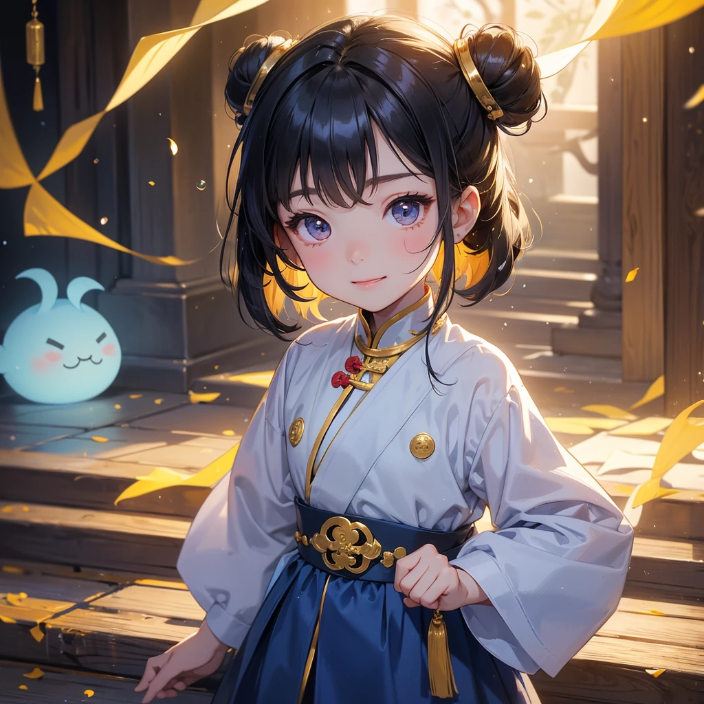 A chibi child girl had a small face and Wearing a blue little Taoist priest's outfit. A pair of big round eyes shone with curiosity about him. This child was so cute!, Burning joss paper and gold paper for the departed spirits in front of the house, raindrops are falling down, her hair is black with two buns on her hair.small chibi, chibi baby, smiling.
The little chibi baby looked up with his chest raised, and his face was old and proud.