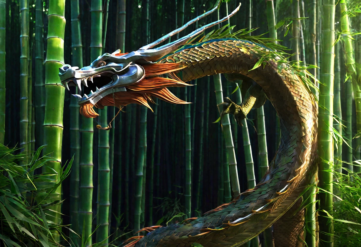 A serpentine Asian dragon, flowing effortlessly through a dense bamboo forest, weaving between the stalks, menacing glare, (best quality,4k,8k,highres,masterpiece:1.2),ultra-detailed,(realistic,photorealistic,photo-realistic:1.37),cinematic lighting,dramatic shadows,lush foliage,intricate bamboo textures,vibrant colors,fantasy,concept art