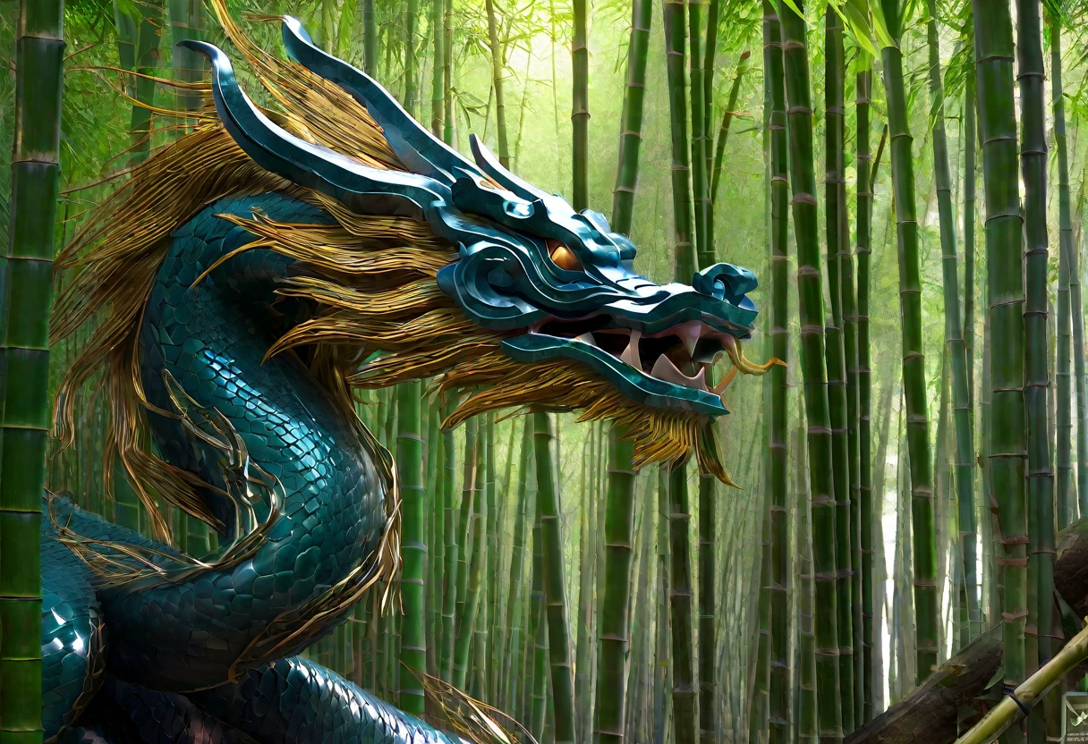 A serpentine Asian dragon, flowing effortlessly through a dense bamboo forest, weaving between the stalks, menacing glare, (best quality,4k,8k,highres,masterpiece:1.2),ultra-detailed,(realistic,photorealistic,photo-realistic:1.37),cinematic lighting,dramatic shadows,lush foliage,intricate bamboo textures,vibrant colors,fantasy,concept art