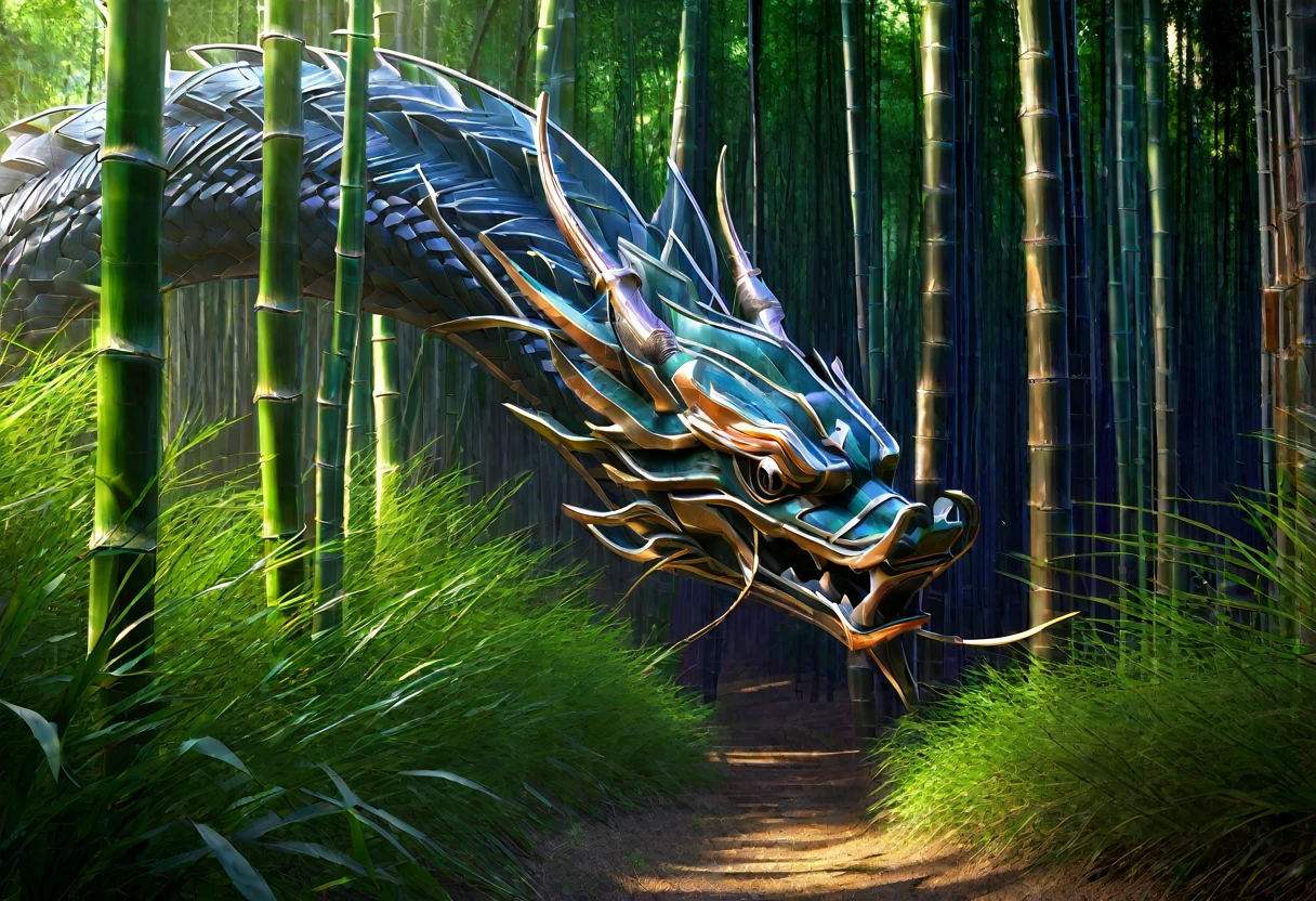 A serpentine Asian dragon, flowing effortlessly through a dense bamboo forest, weaving between the stalks, menacing glare, (best quality,4k,8k,highres,masterpiece:1.2),ultra-detailed,(realistic,photorealistic,photo-realistic:1.37),cinematic lighting,dramatic shadows,lush foliage,intricate bamboo textures,vibrant colors,fantasy,concept art