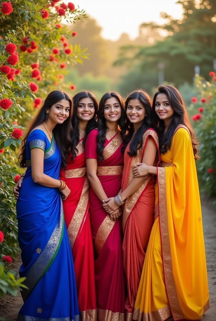 Generate images of six indian girl with fair skin and narrow body wearing saries posing for picture together