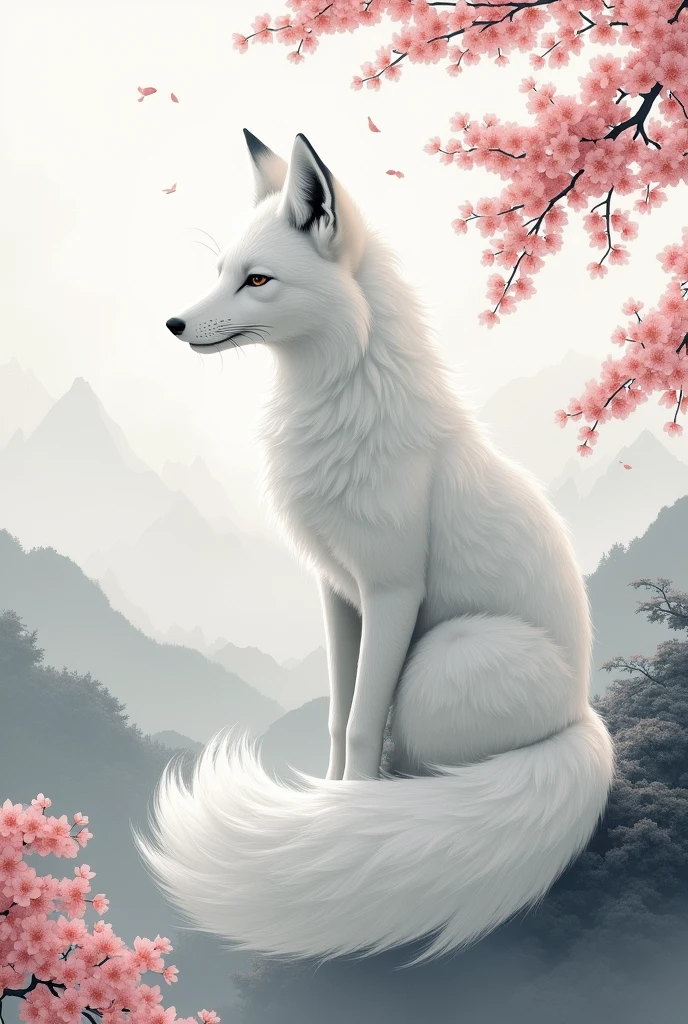 make a kitsune flag with a Japanese background in gray tones and undertones in horizontal form