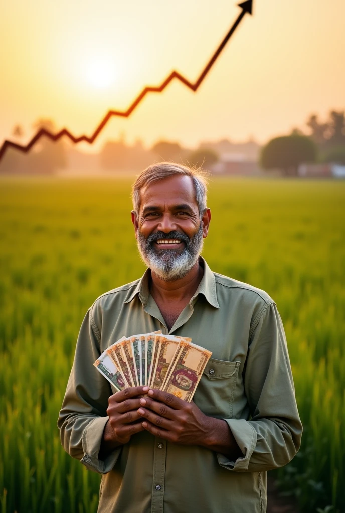 In background there is a farm in which an indian farmer is getting money from selling the crop make an up trend line in front of the foto and show the mlney in the hands of farmer