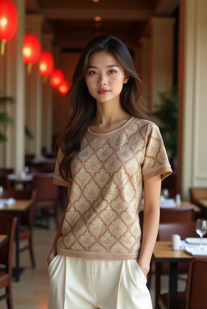 Female model. Modern style. Wearing a short-sleeved brown T-shirt with a high v-neck and stylized Thai-Vietnamese ethnic brocade pattern. Cream, white, light brown. Beige collar with 2cm hem. Plain brown sleeves with 2cm hem. Plain cream A-line pants, side pockets. Set in a luxurious wooden interior room. Cream walls. Table, chairs, red lanterns





