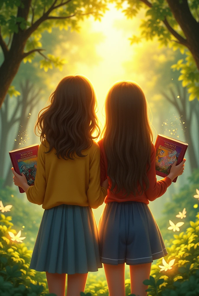 Make me two friends with their backs to me, each reading a book, Let the books be seen, one with shoulder-length hair with wavy hair and the other with long, straight hair, with Disney style and magic