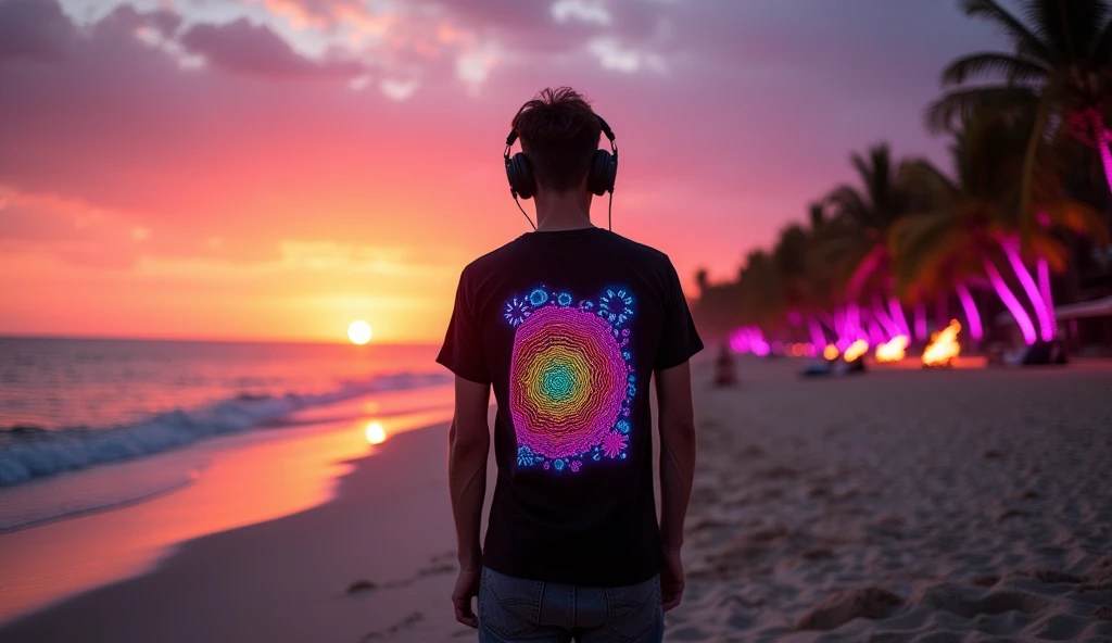 illustration A lonely DJ on a beach, a beautiful sunset, edm music, neon energy