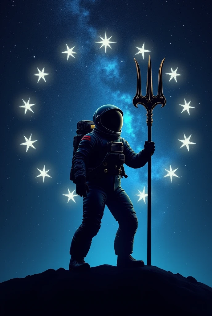A silhouette of an astronaut holding a trident with 8 stars around it