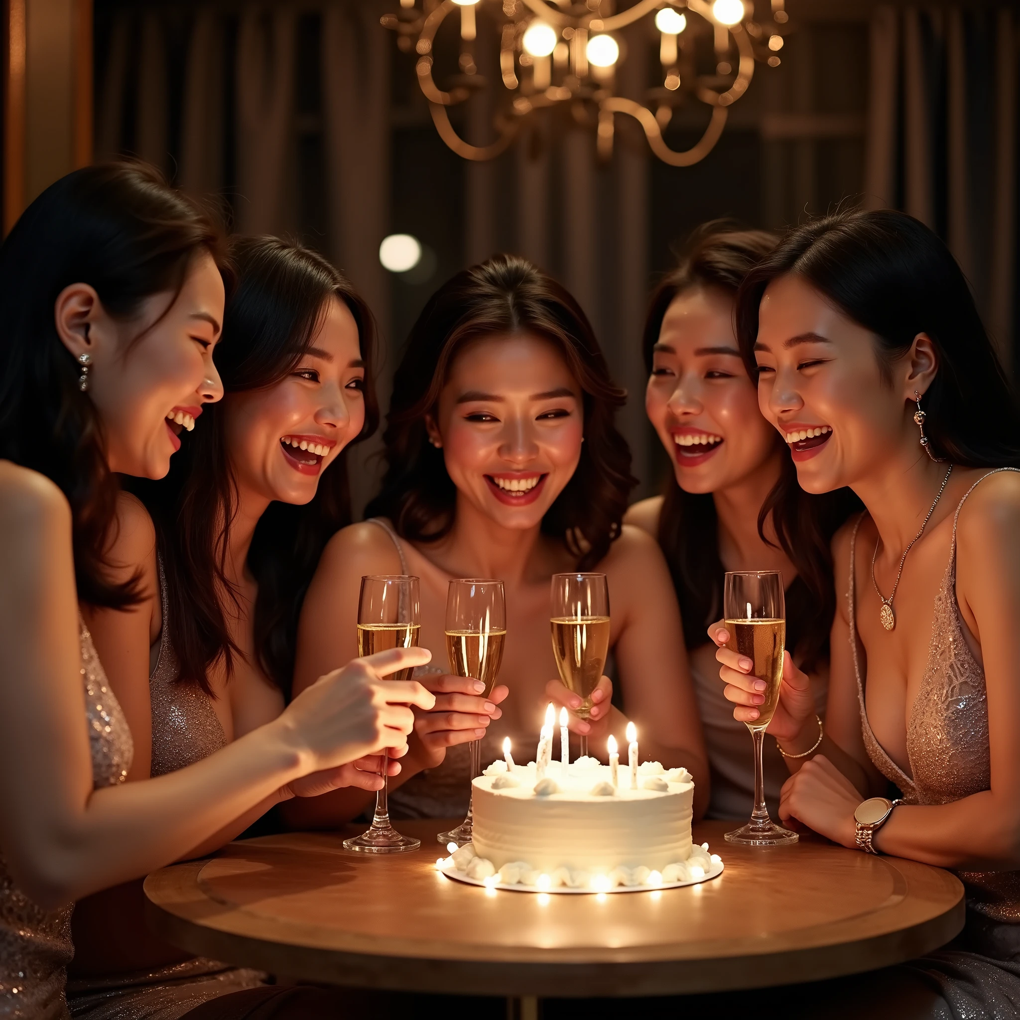 A group of Japanese women in revealing dresses, celebrating a birthday with champagne and cake at a hostess club, are having a lively time with several wealthy men.