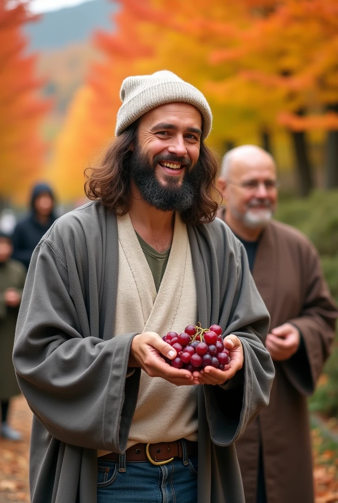 A monk resembling Jesus Christ and Buddha distributing grapes to people. They are smiling happily and handing out grapes to people. Jesus is wearing an off-white knit top, a knit hat on his head, jeans and a gray coat. Jesus of Nazareth is depicted as a gentle, gentle man with shoulder-length hair. His wavy brown hair flows over his shoulders. His face conveys deep wisdom and empathy, radiating warmth and understanding. Autumn in Japan. Another Buddha-like monk has a gentle, wise face with a short nose and slit eyes. Surrounded by happy people. Highly detailed, trending at the art station, sharp focus, studio shot, intricate detail, Greg Rutkowski,