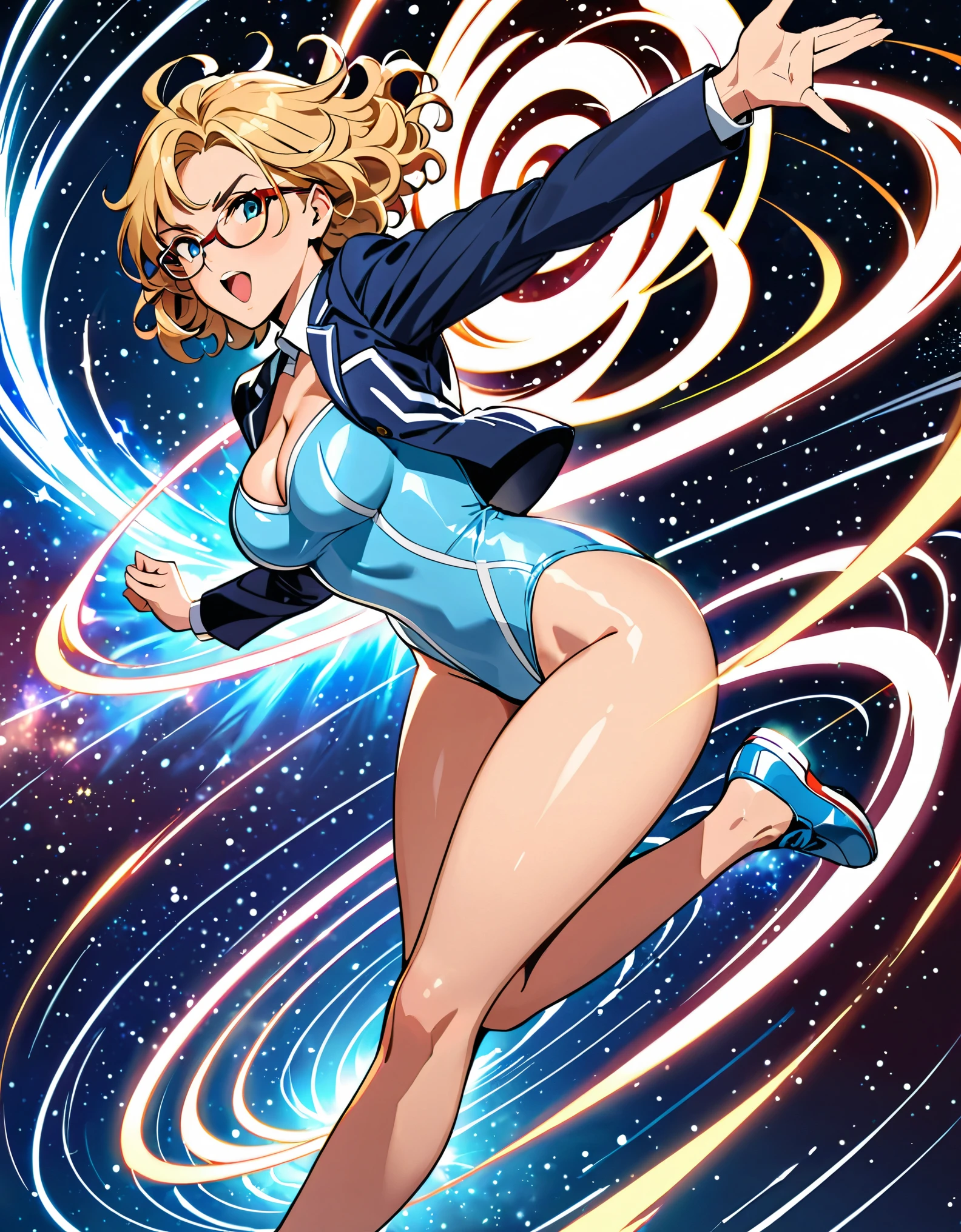 (masterpiece), (best quality), (high res), 1girl, medium breasts, ((leotard, light blue leotard)), dark blue suit jacket, open jacket, white shirt, bare legs, glasses, shoes, solo, single, rear view, full body shot, cowboy shot, superhero, beautiful detailed eyes, beautiful detailed face, blonde hair, (short hair), wavy hair, mature lady, teacher, perfect body, space backdrop, (fast spin, dynamic spin pose, spins fast in place like a tornado, whirls fast in place like a tornado, tornado whirling, spiral lines around her, speed lines around her, spinning energy pulse around her, storm winds around her, whirls into a tornado, (she whirls) at (super speeds)). full body costume design. curved sword slash. she super-spins, whirlwind, light particles.