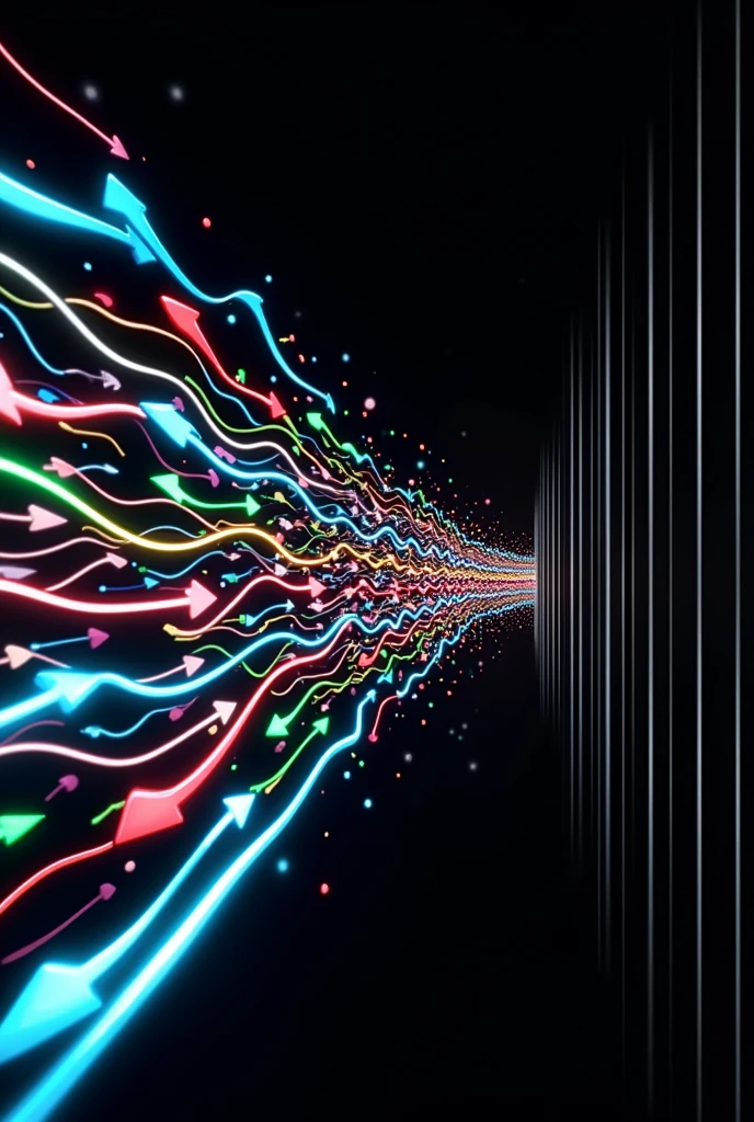 I want a horizontal image where on the left there are many wavy arrows mixed together., but as they go towards or to the right, they become parallel and straight, white with a black background