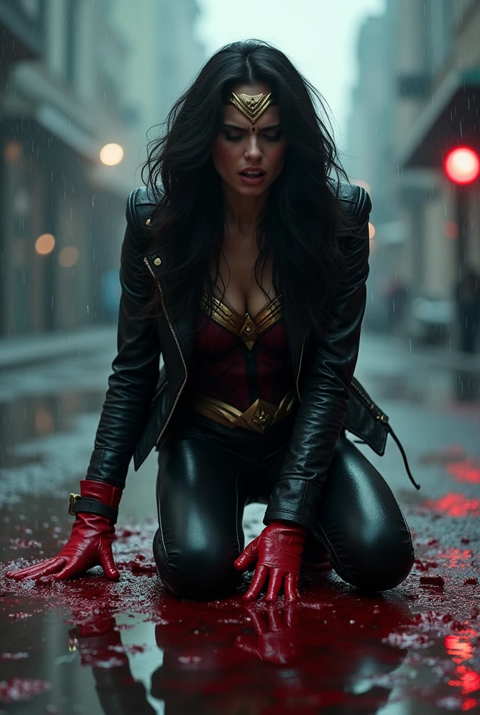 A beautiful woman Adriana Lima under the mantle of the Amazonian warrior Wonder Woman in a black leather jacket, red corset and black leather pants, kneeling, screaming exhausted after a battle, blood around her, a reflection of her in her blood in an apocalyptic and rainy city, red boots, bloody and terrifying images, DC universe logo