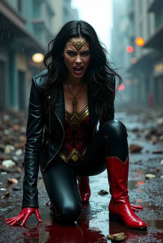 A beautiful woman Adriana Lima under the mantle of the Amazonian warrior Wonder Woman in a black leather jacket, red corset and black leather pants, kneeling, screaming exhausted after a battle, blood around her, a reflection of her in her blood in an apocalyptic and rainy city, red boots, bloody and terrifying images, DC universe logo