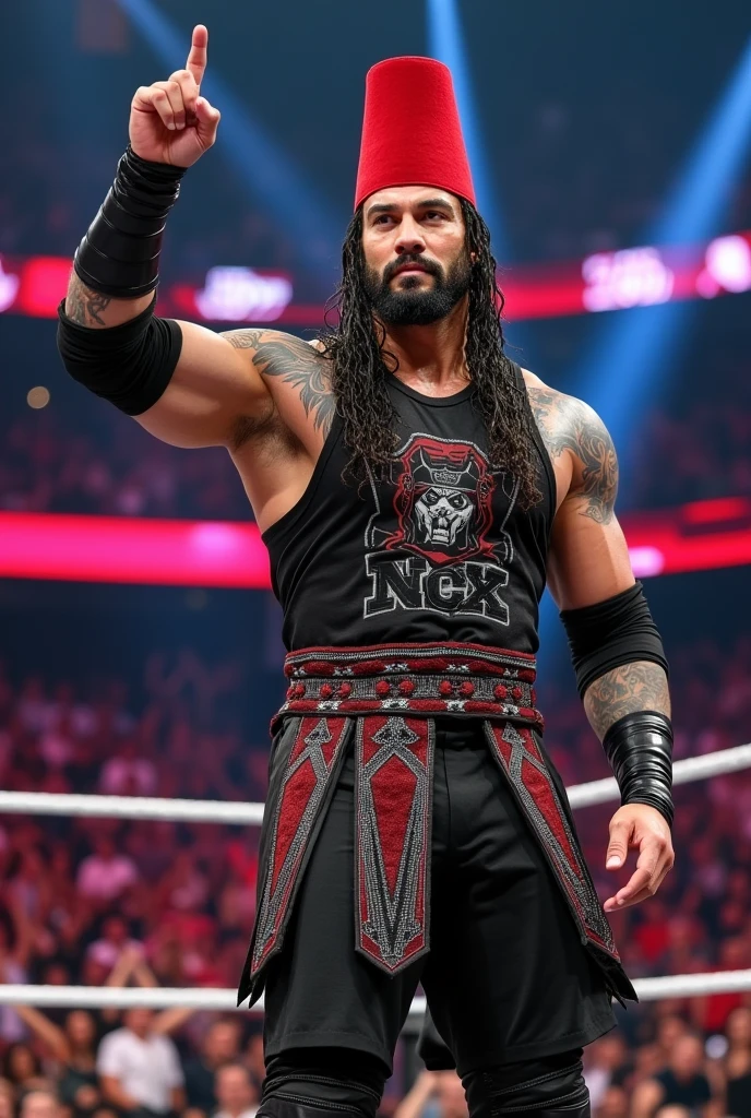 Roman Reigns the Tribal Chief holding his index finger high and raised with an Ash'ari fez hat red color but show from the front 