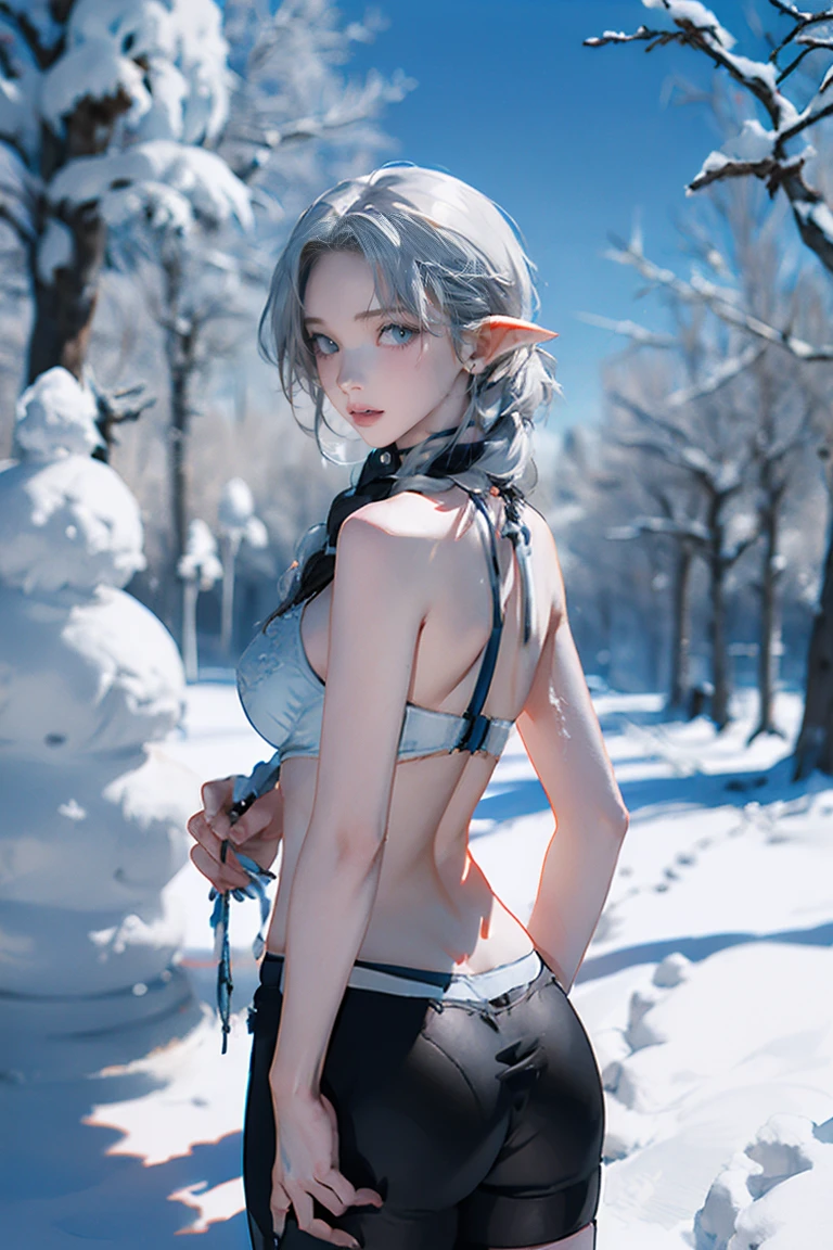 Silver Hair, (Rear View, Rear view),(Best Quality,High resolution,Super detailed,Actual),target,A world covered in silver, Snow covered branches, toque Chill de invierno, Snowflakes dance like elves, Turning the world into a silver fairy tale, Chill, Quiet and beautiful snow scenery., Cozy and quiet, (Sea Art 2.1), (Background Frozen white trees Snow falling:1.4) , (Beautiful blue eyes big stone black:1.4) , (Realistic) ,8K high quality detailed art, Fan Art Best ArtStation, Fantasy art style ,(Thong), (レーザーThong), stockings bra, Leggings White,Sexy body,((The body of a mature woman)), NSFW