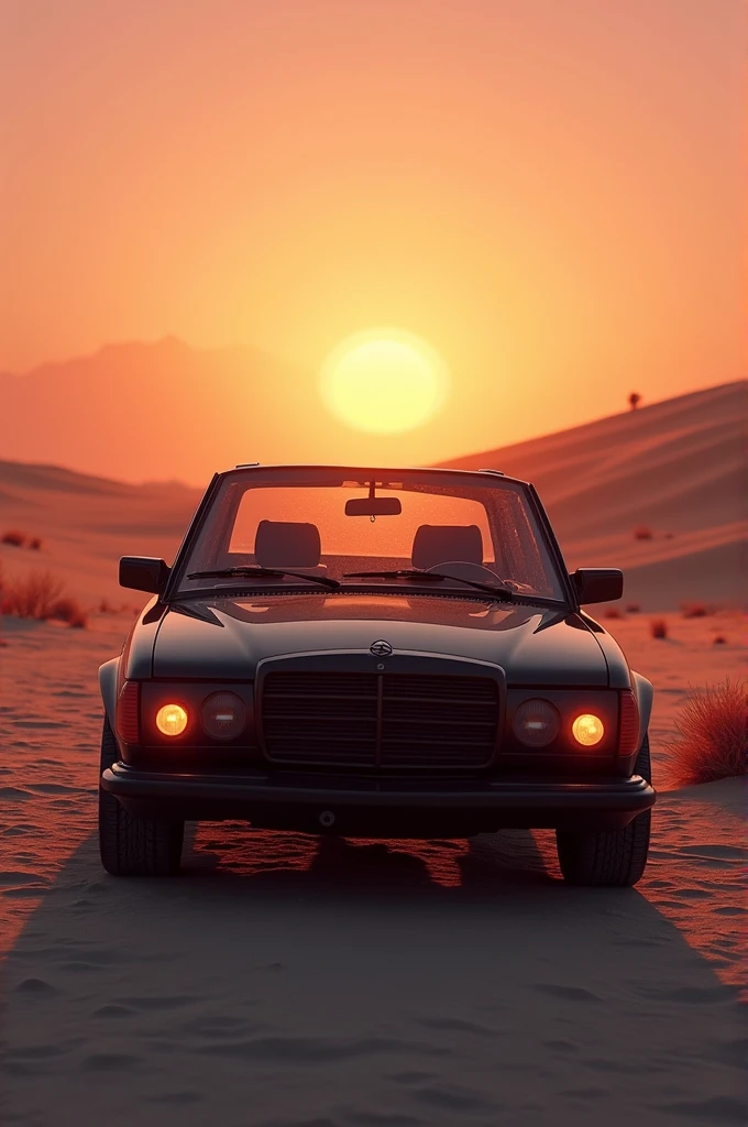 Black Mercedes Benz 124, Cyberpunk Desert, sunrise