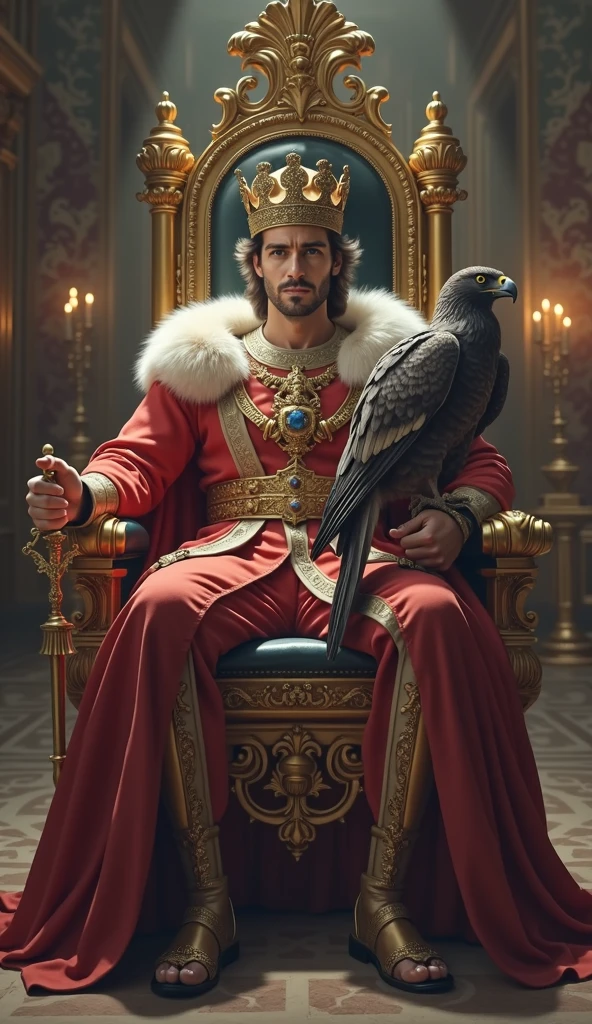 Imposing, strong, and handsome emperor with European features wearing a crown and holding a scepter sitting on a throne with a falcon. 