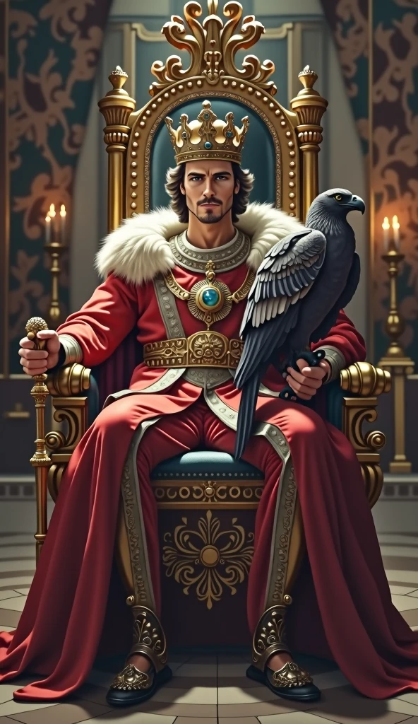 Imposing, strong, and handsome emperor with European features wearing a crown and holding a scepter sitting on a throne with a falcon. 