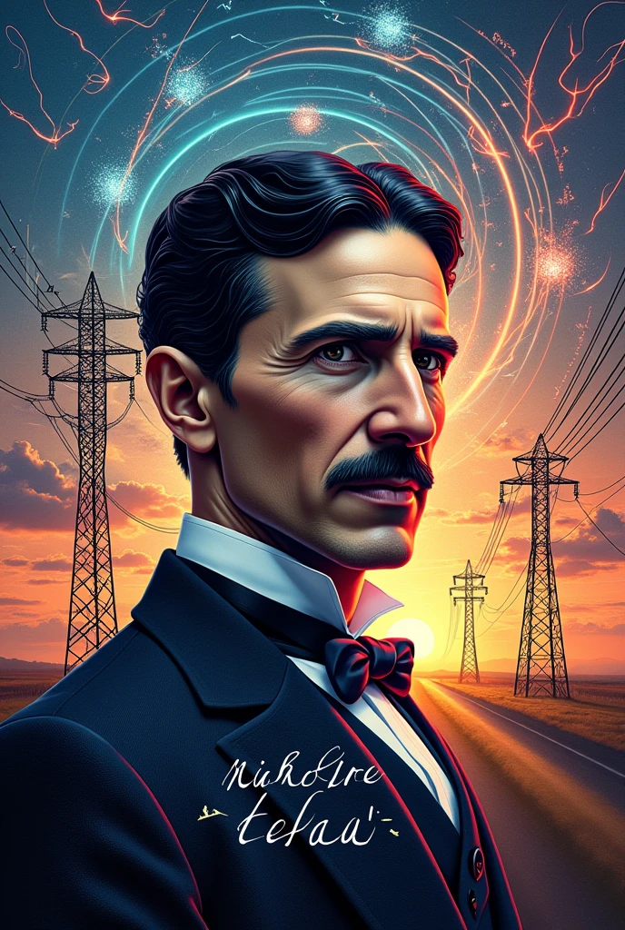 Nicola Tesla's face, and  around Maxwell's equations, representations of electric fields and magnetic fields, electric charges, Magnetism,  electric motor electric generator, electrical transformer, torres de transmisión electricidad y Magnetism 