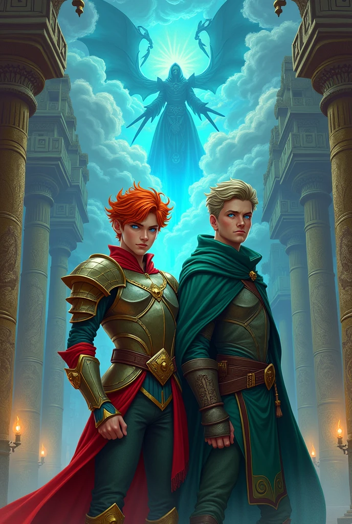 Create a book cover featuring two friends named Roby and Stuart, who have powers and live in an ancient magical city. They must unite to protect the city from evil beings called Eteneos.