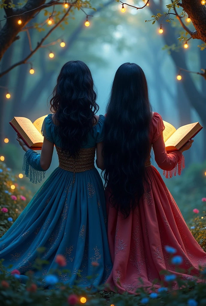 Make me two friends with their backs to me, each reading a book, Let the books be seen, one with shoulder-length hair with wavy hair and the other with long, straight hair, the two with black hair and dress them like witches with a Disney and magical style