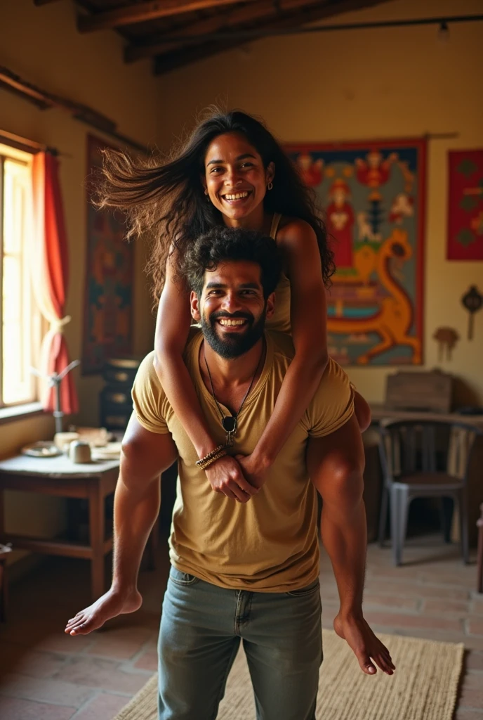 A smiling and beautiful fair indian woman with tied hair lifting and carrying a stout man on her shoulders, man is sitting on woman's shoulders, in a village room