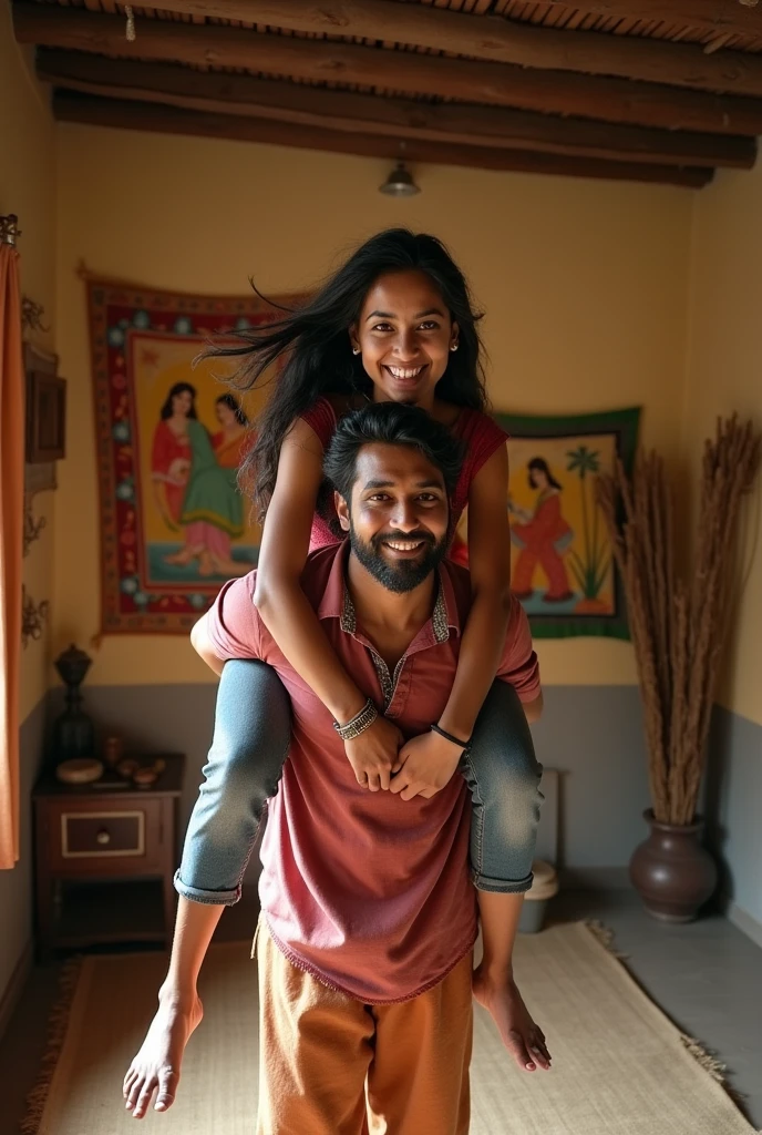 A smiling and beautiful fair indian woman with tied hair lifting and carrying a stout man on her shoulders, man is sitting on woman's shoulders, in a village room