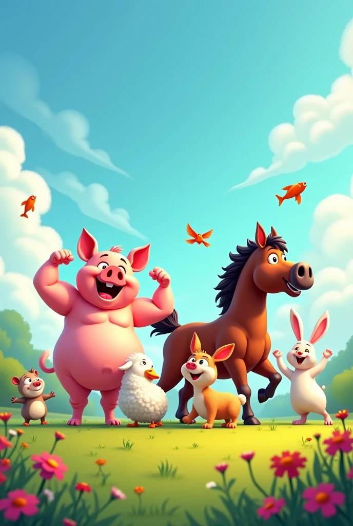 Je souhaite une image regroupant des animaux heureux et musclés en style cartoon (cochon, oie, chien, chat, poisson, mouton, lapin, cheval)